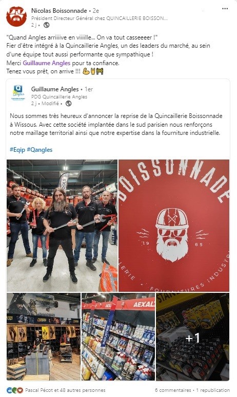 Post de Nicolas Boissannade - Rachat de QB par Quincaillerie Angles.