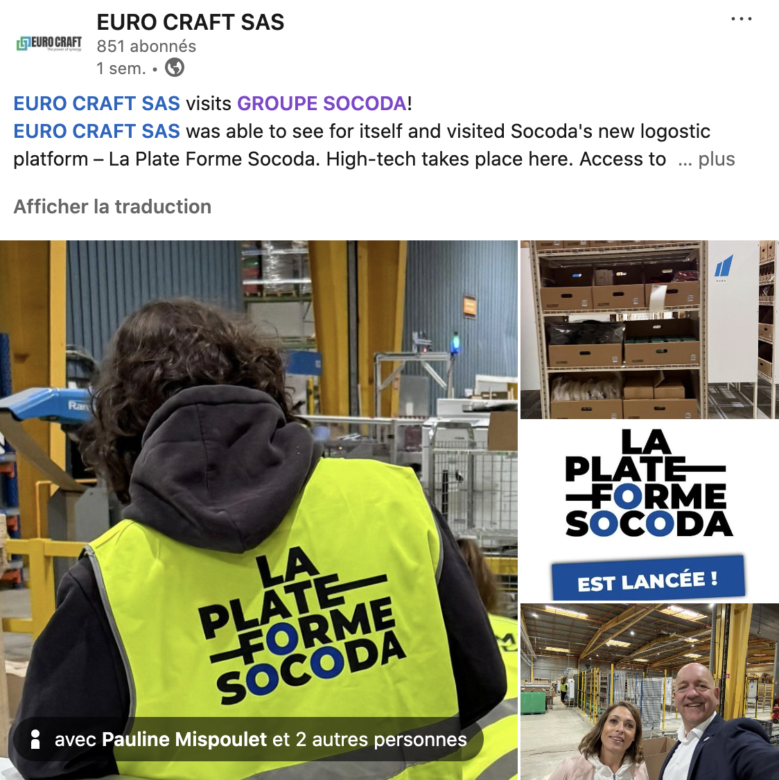 La Plateforme Socoda - Post d'Euro Craft sur LinkedIn, mai 2025.